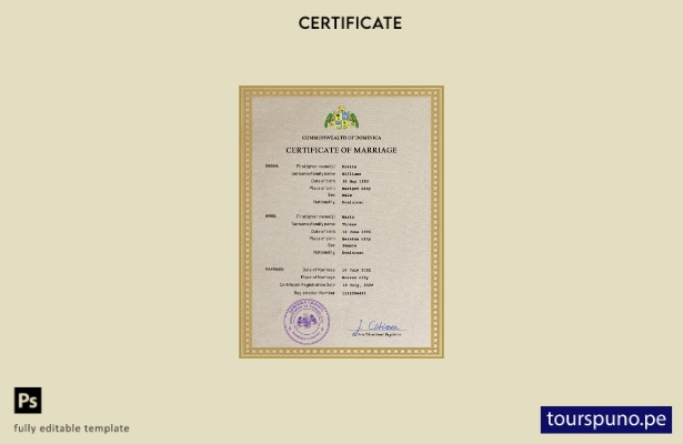 Plantilla PSD de certificado de matrimonio de Dominica lista para imprimir